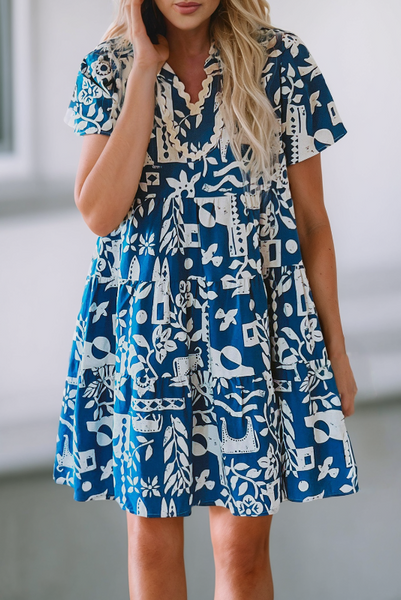 Get trendy with Ric Rac Scallop Trim Printed Mini Dress - Dresses available at ShopMucho. Grab yours for $46 today!