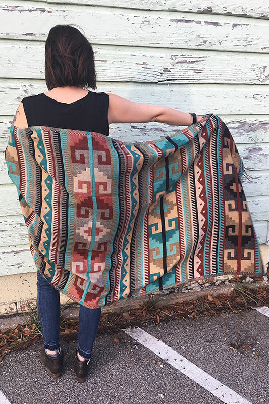 Modeling Mucho Merch- Southwest Style Chal in Turquoise Geo