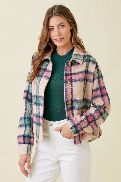 Get trendy with Plaid Button Down Shacket - Tops available at ShopMucho. Grab yours for $58.50 today!