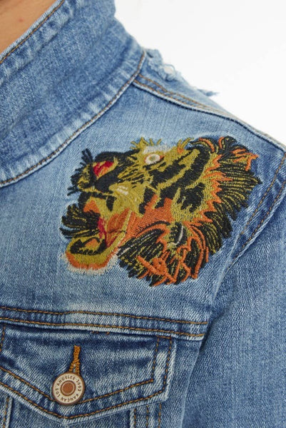 ShopMucho Embroidered Tiger Distressed Denim Jacket