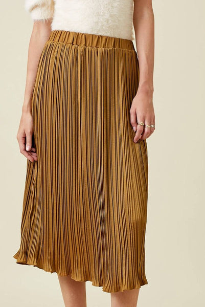Get trendy with Gold Pleated Midi Skirt - Skirts available at ShopMucho. Grab yours for $58 today!