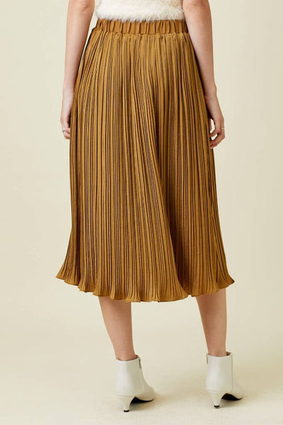 Get trendy with Gold Pleated Midi Skirt - Skirts available at ShopMucho. Grab yours for $58 today!