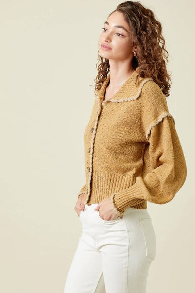 Get trendy with Camel Puff Sleeve Cardigan - Tops available at ShopMucho. Grab yours for $48 today!