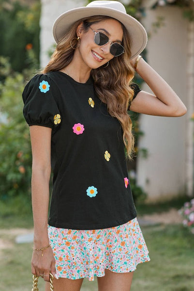 Get trendy with Embroidered Flower Puff Sleeve Top - Tops available at ShopMucho. Grab yours for $42 today!