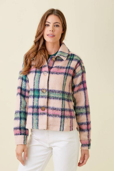 Get trendy with Plaid Button Down Shacket - Tops available at ShopMucho. Grab yours for $58.50 today!