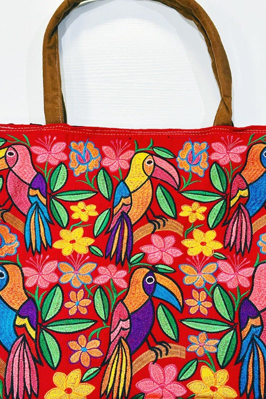 ShopMucho Embroidered Floral Toucan Large Suede Purse Tote Bag