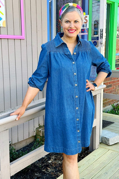Get trendy with Smocked Detail Denim Shirt Dress - Dresses available at ShopMucho. Grab yours for $62 today!