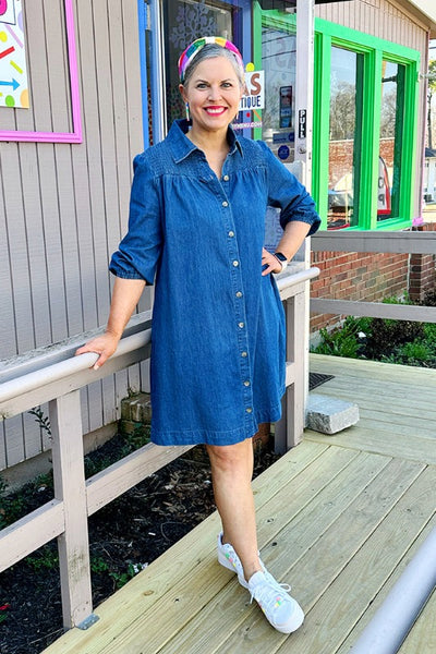 Get trendy with Smocked Detail Denim Shirt Dress - Dresses available at ShopMucho. Grab yours for $62 today!