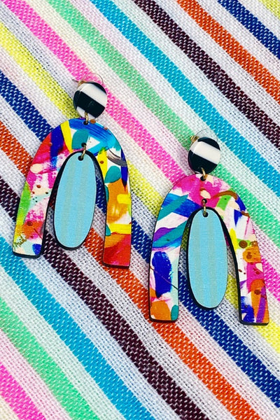 Get trendy with Rainbow Abstract Statement Earrings - Earrings available at ShopMucho. Grab yours for $45 today!