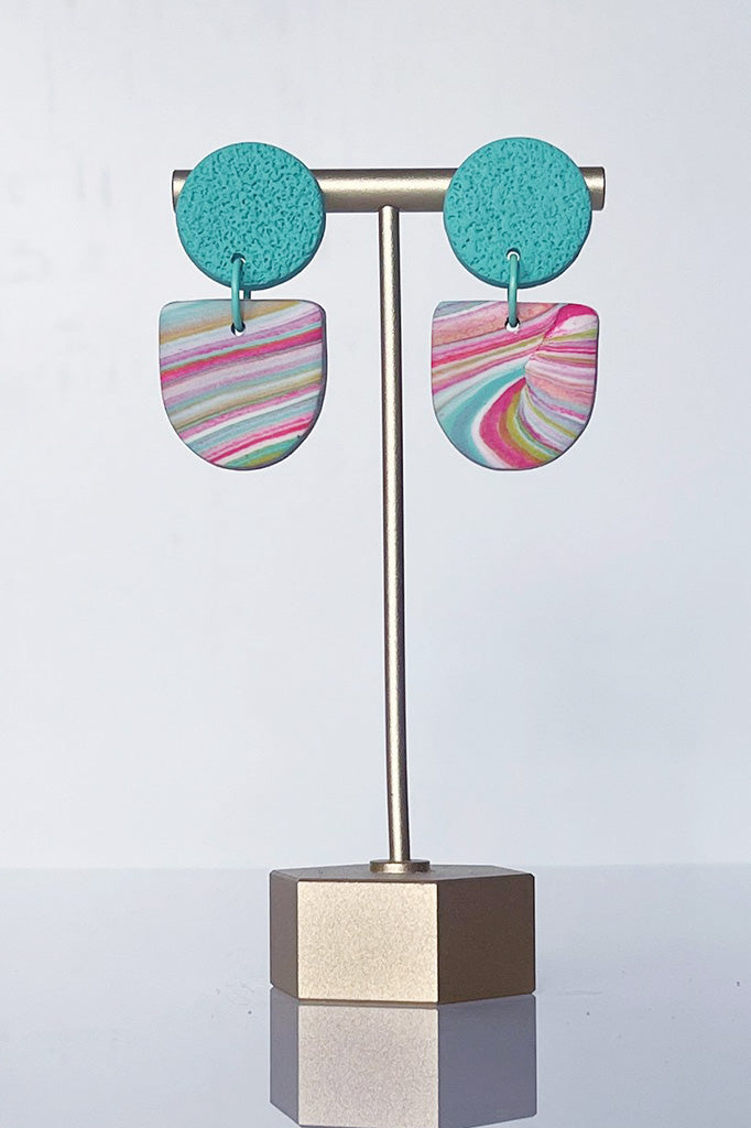 Get trendy with Clay Teal Multi Marbled Stud Dangle Earrings - Earrings available at ShopMucho. Grab yours for $25 today!
