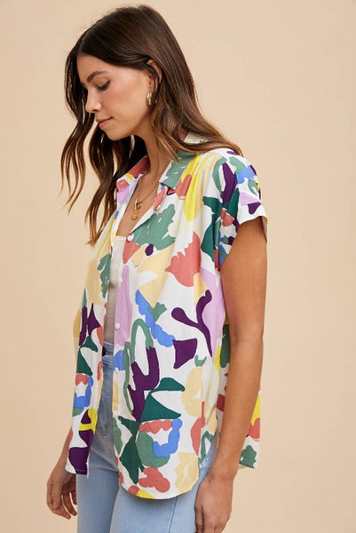 Colorful Abstract Print Button Down Top