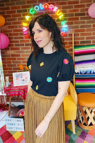 ShopMucho Embroidered Flower Puff Sleeve Top