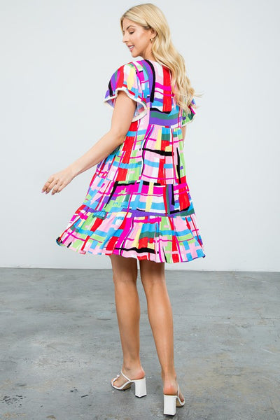 ShopMucho Multi Color Abstract Pattern Flutter Sleeve Dress