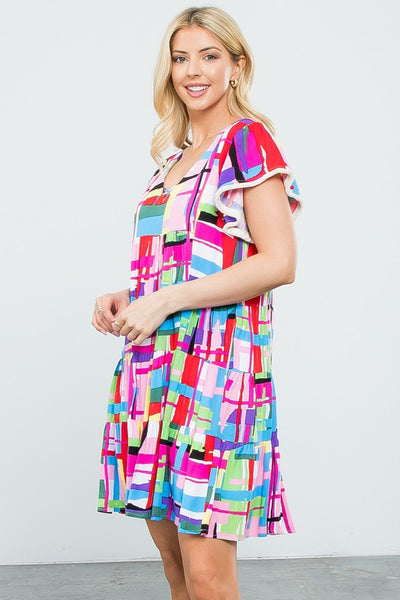 Get trendy with Multi Color Abstract Pattern Flutter Sleeve Dress - Dresses available at ShopMucho. Grab yours for $68 today!