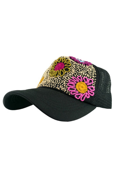 Get trendy with Tulum Hand Embroidered Trucker Flower Hat - Hats available at ShopMucho. Grab yours for $60 today!