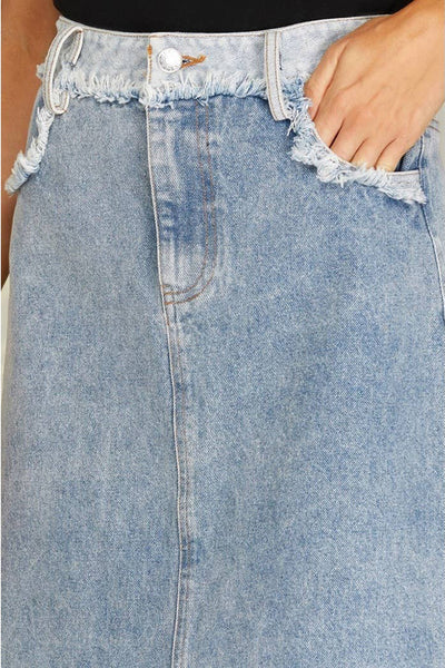 Get trendy with Denim Midi Skirt - Bottoms available at ShopMucho. Grab yours for $62 today!
