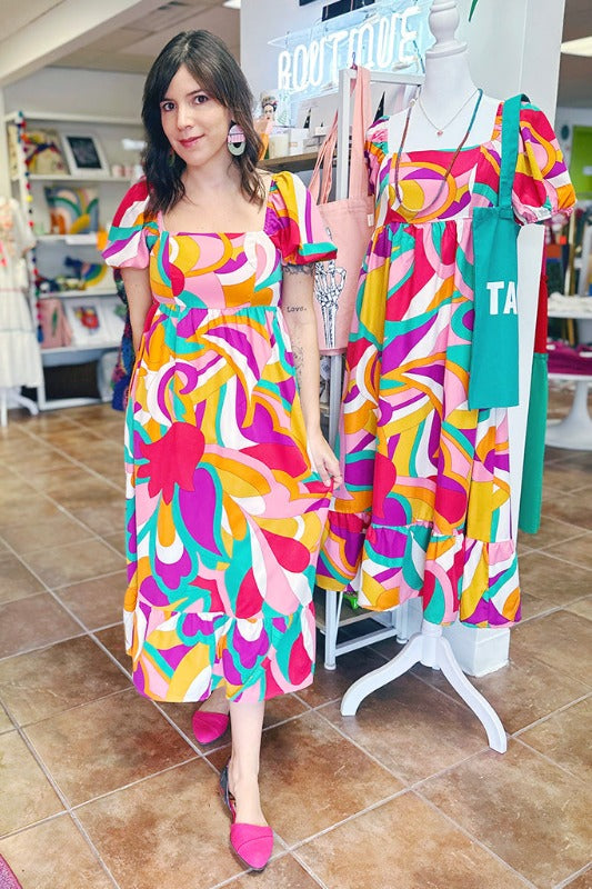 ShopMucho Retro Print Square Neck Midi Dress