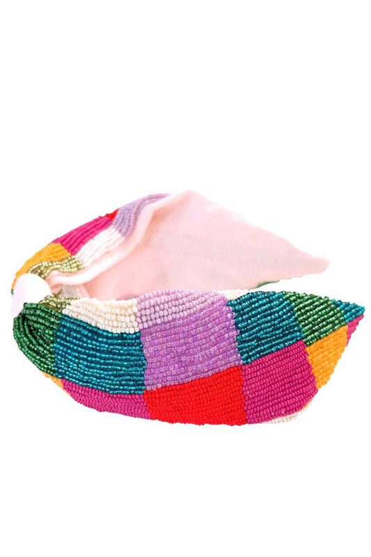 ShopMucho Hand Beaded Rainbow Checker Print Headband