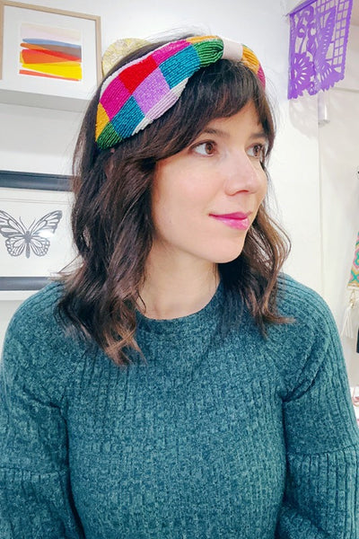ShopMucho Hand Beaded Rainbow Checker Print Headband