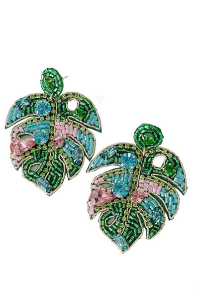 Get trendy with Hand Beaded Tropical Leaf Dangle Earrings - Earrings available at ShopMucho. Grab yours for $39 today!