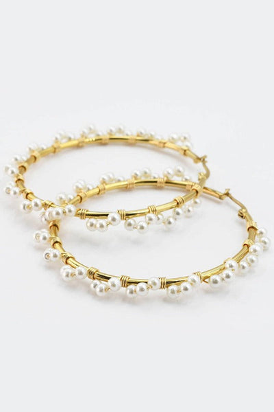 Get trendy with Chic Pearl Large Gold Hoop Earrings - Earrings available at ShopMucho. Grab yours for $38 today!