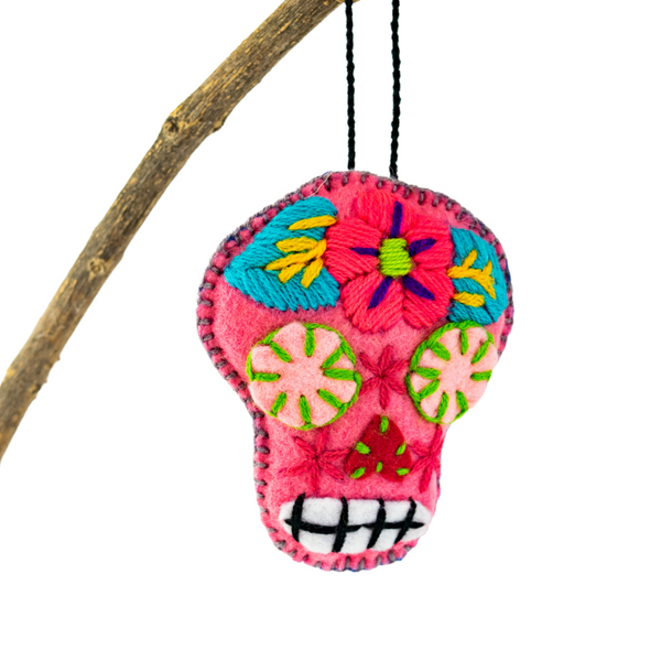 ShopMucho Sugar Skull Embroidered Felted Wool Ornament - Mexico