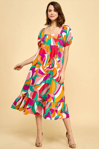 ShopMucho Retro Print Square Neck Midi Dress