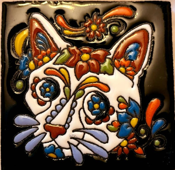 Get trendy with Day Of The Dead Cat Face Ceramic Tile - Decor available at ShopMucho. Grab yours for $10 today!