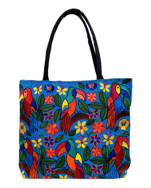 ShopMucho Embroidered Floral Toucan Large Suede Purse Tote Bag
