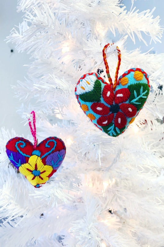 Valentine's Heart Ornament Trio, Embroidered Wool