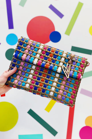 Get trendy with Woven Rainbow Stripe Clutch Bag - Handbags available at ShopMucho. Grab yours for $52 today!