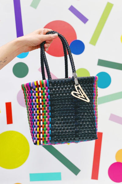 ShopMucho Woven Rainbow Stripe Mini Tote Bag- Black