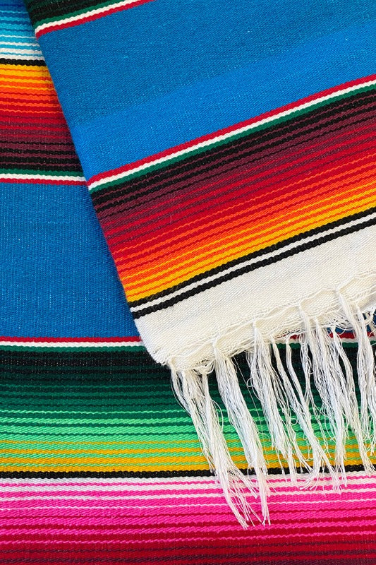 ShopMucho Traditional Mexican serape throw blanket in aqua blue