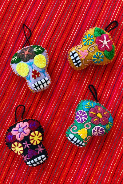 ShopMucho Sugar Skull Embroidered Felted Wool Ornament - Mexico